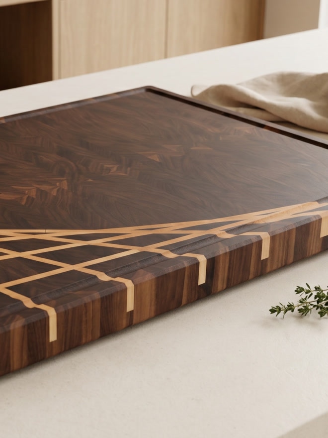 The juice groove board with the maple ray, showing its thick end-grain edge on a stone counter