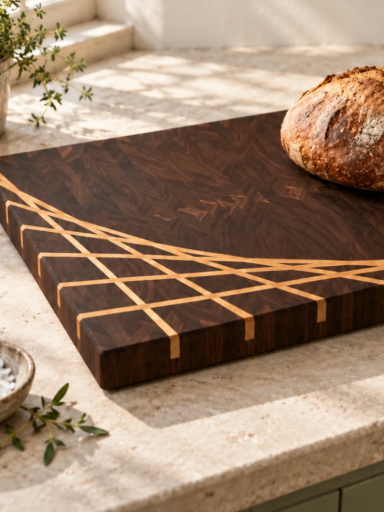 A Solid board with the maple ray and a loaf of sourdough on a sunlit counter
