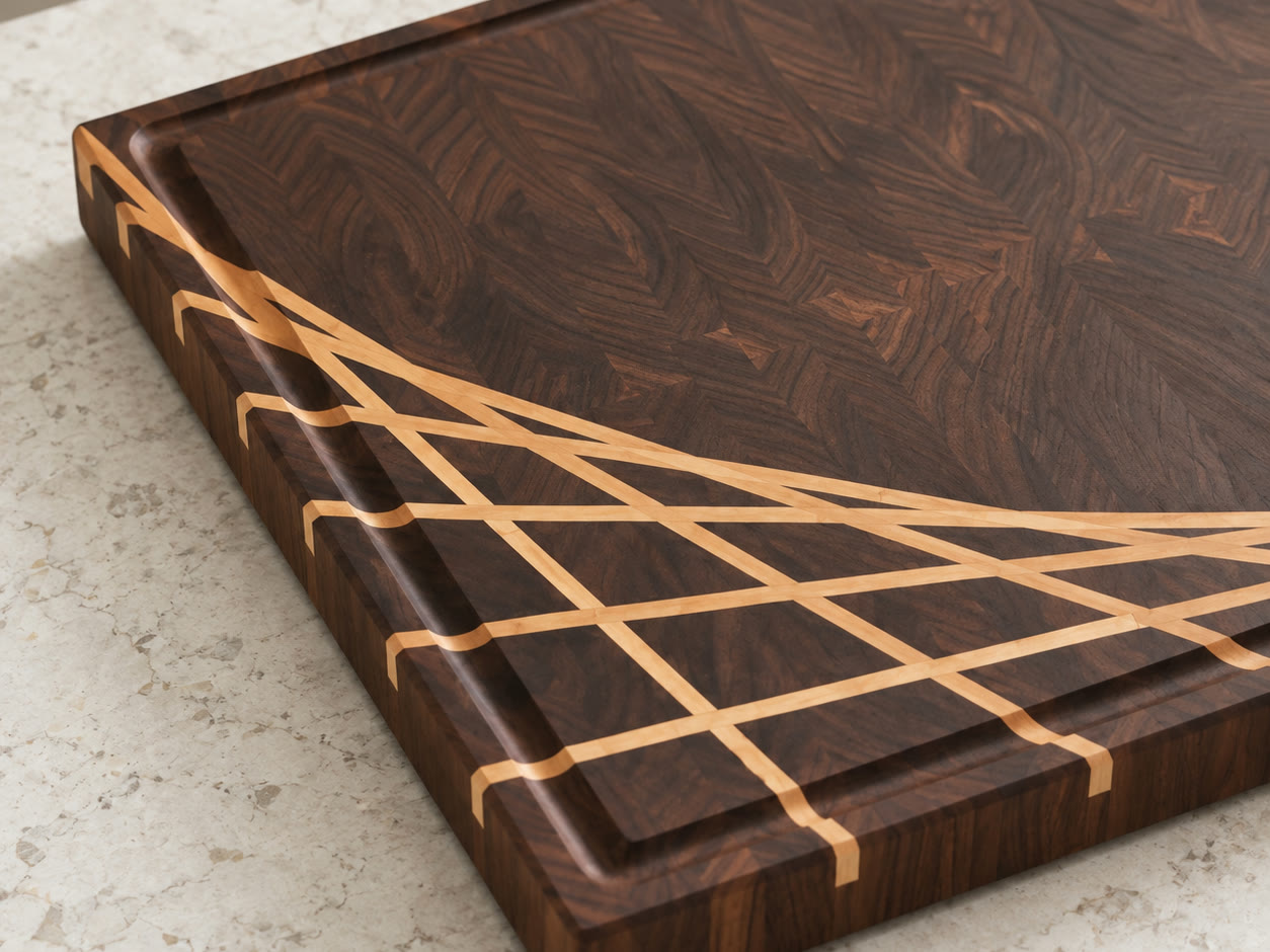 Close-up of the juice groove and the maple ray at the board's corner