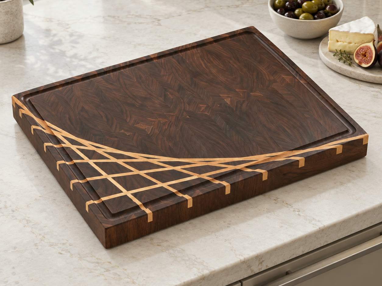A juice groove board with the maple ray on a marble counter beside olives, cheese and figs