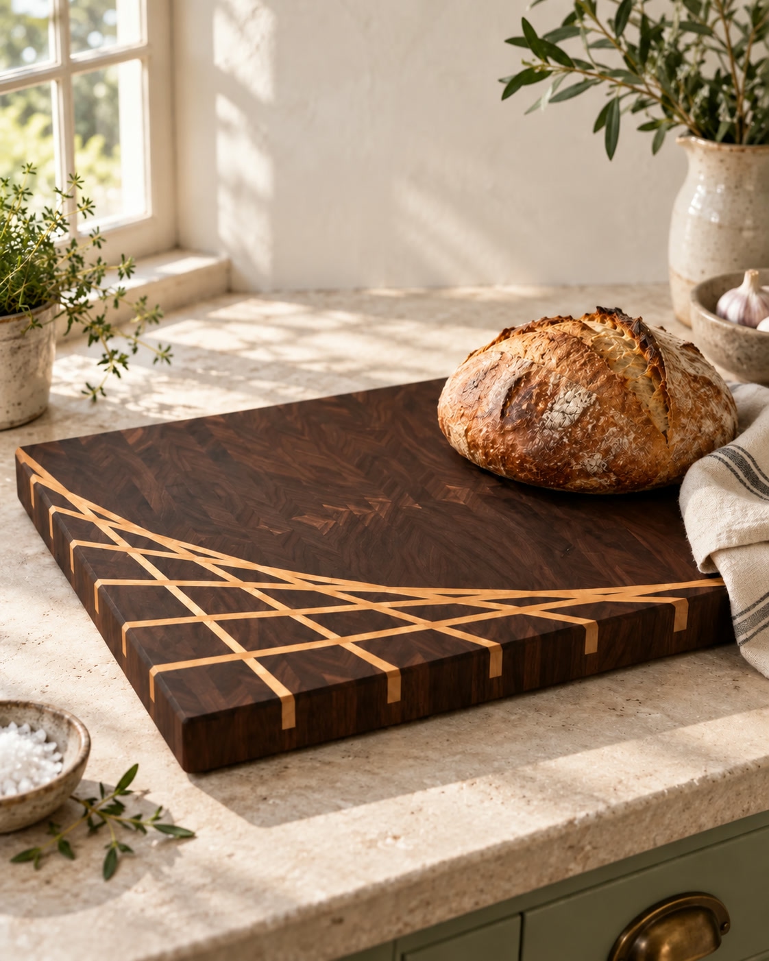 Solid board with the maple ray and a fresh loaf of sourdough on a sunlit counter
