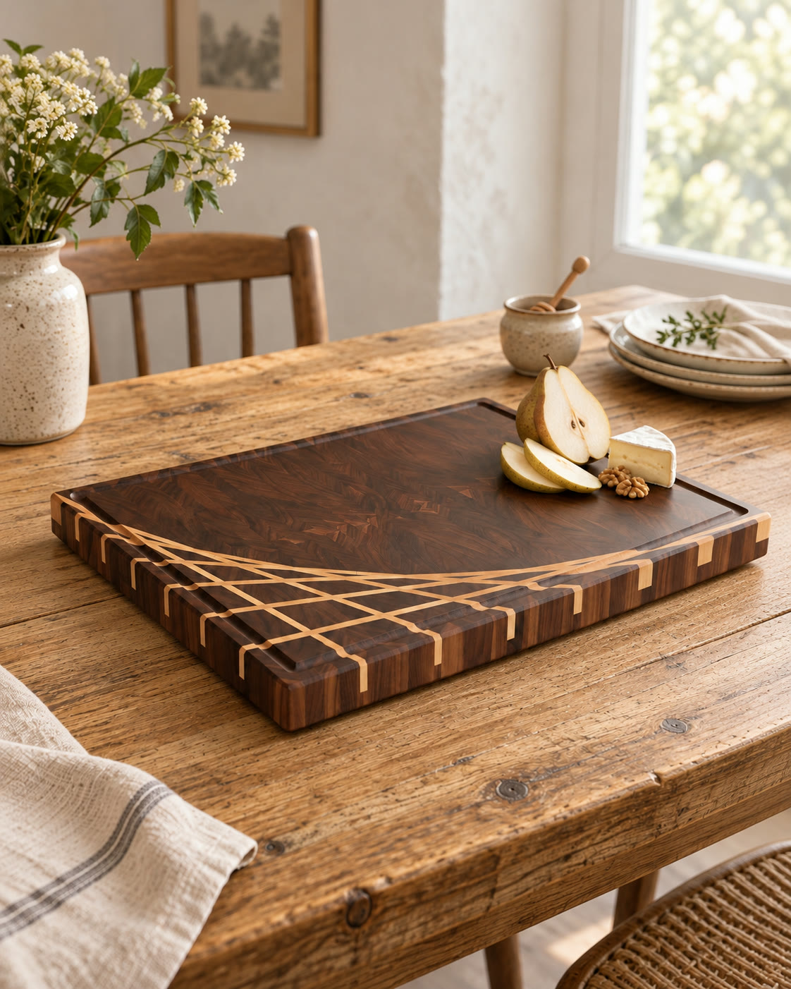 Juice groove board with the maple ray, pears and cheese on a rustic wooden table