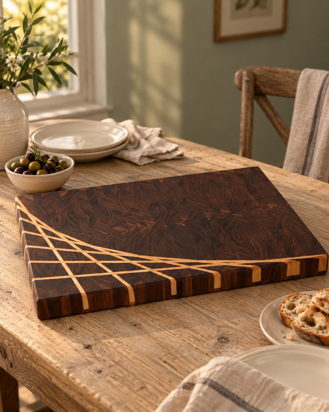 Solid board with the maple ray on a farmhouse table set for supper