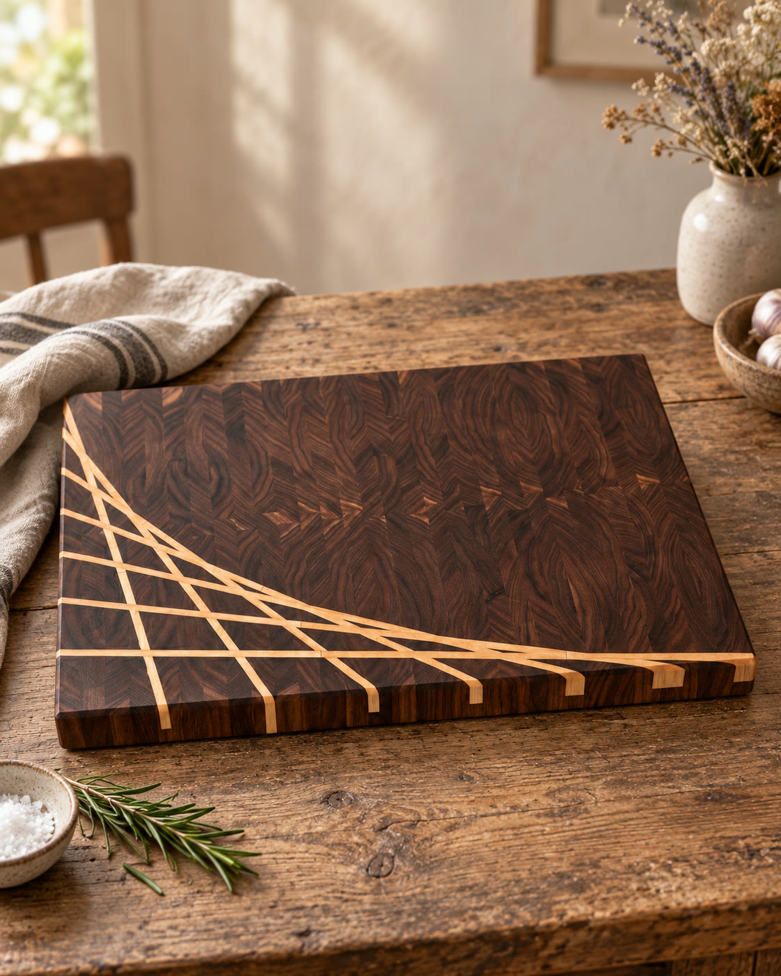 Solid board with the maple ray on a rustic wooden table