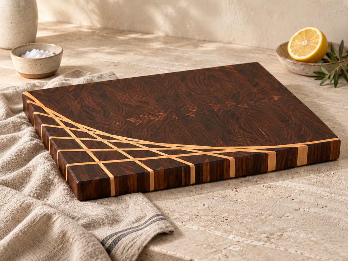 Walnut end-grain cutting board with the maple ray on a stone counter