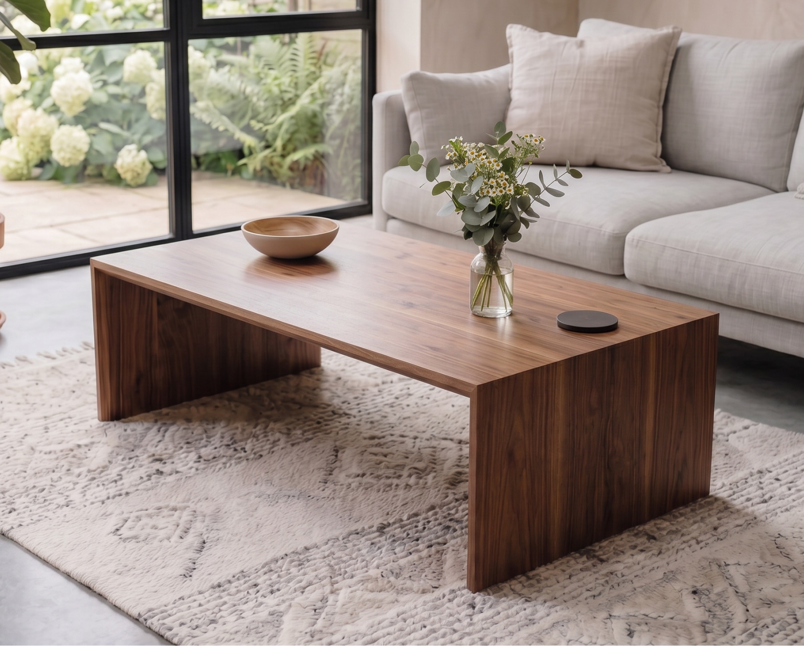 Walnut waterfall coffee table styled in a living room