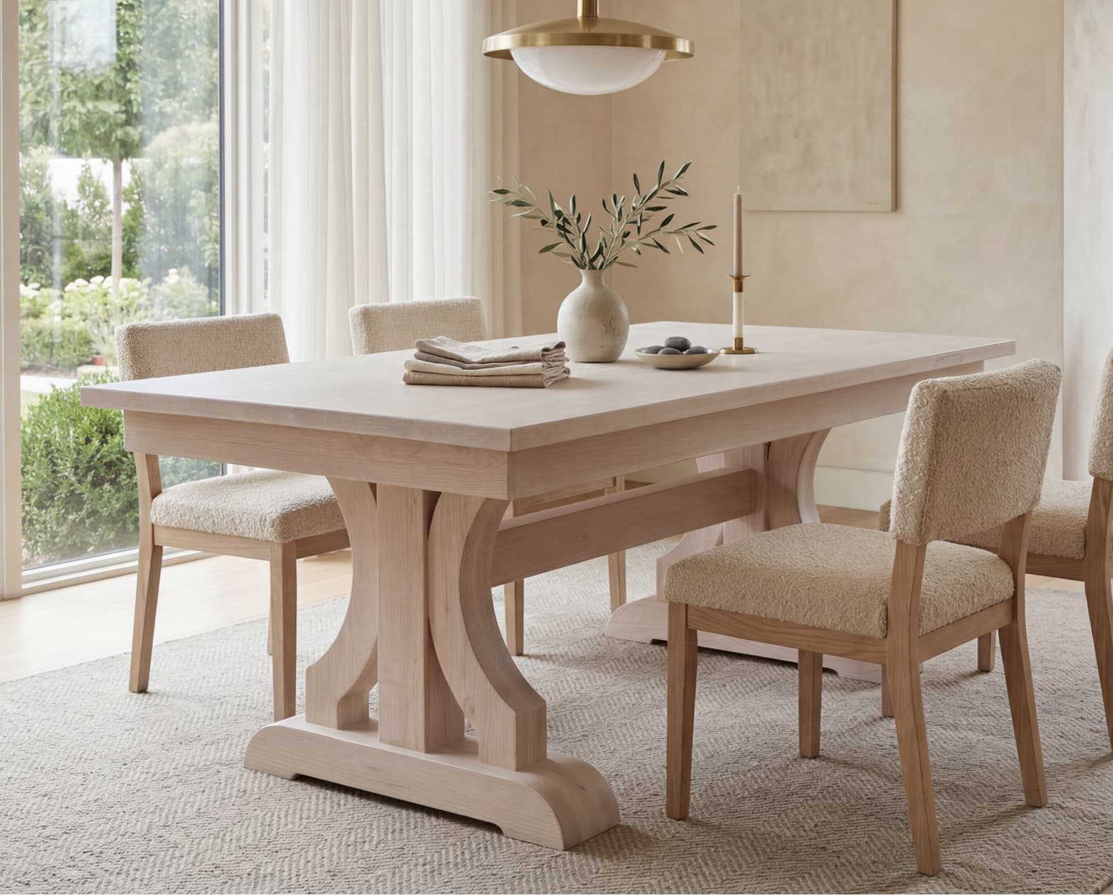 Solid white oak dining table with a pedestal base