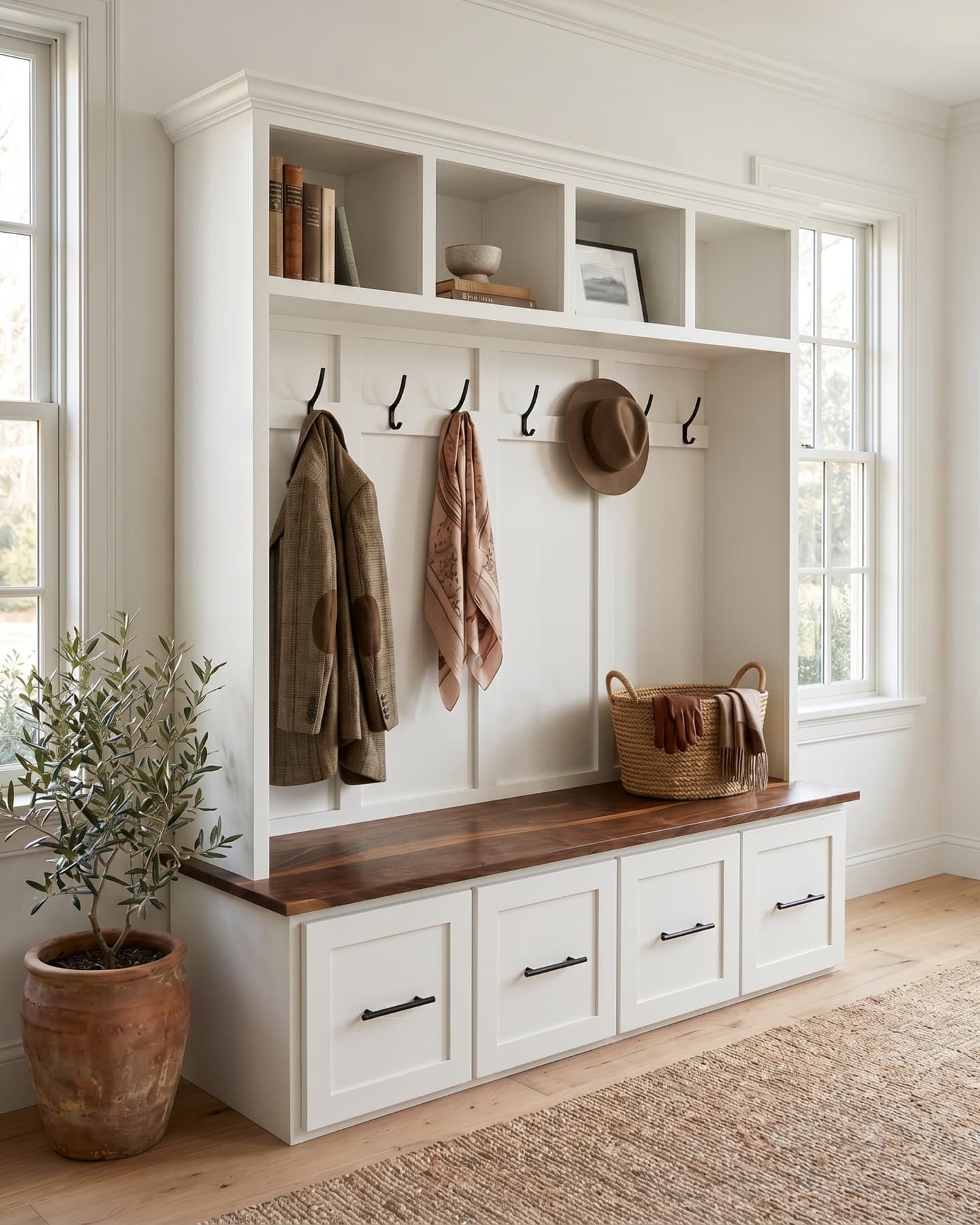 Real wood halltree with bench, hooks, and shelf