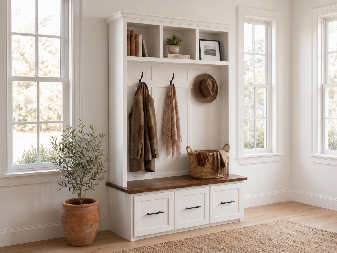 The Halltree — 3 Drawers / 3 Cubbies, White, Black Walnut bench